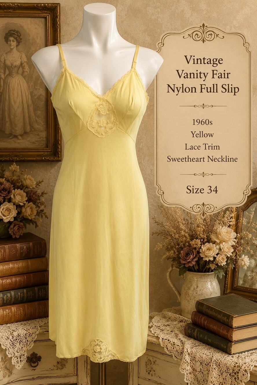 Vintage Vanity Fair Yellow Nylon Full Slip Lace Trim 60s Sweetheart Neckline 34